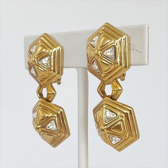 SWAROVSKI Gold and Crystal Octagonal Design Vintage Clip On - Picture 6 of 11